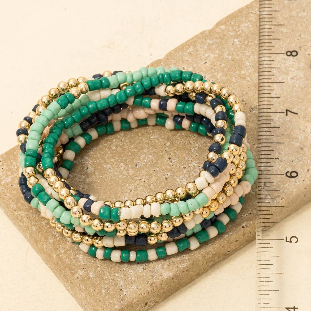 Avery Mixed Mint And Blue Tones Seed Beaded Bracelet Set