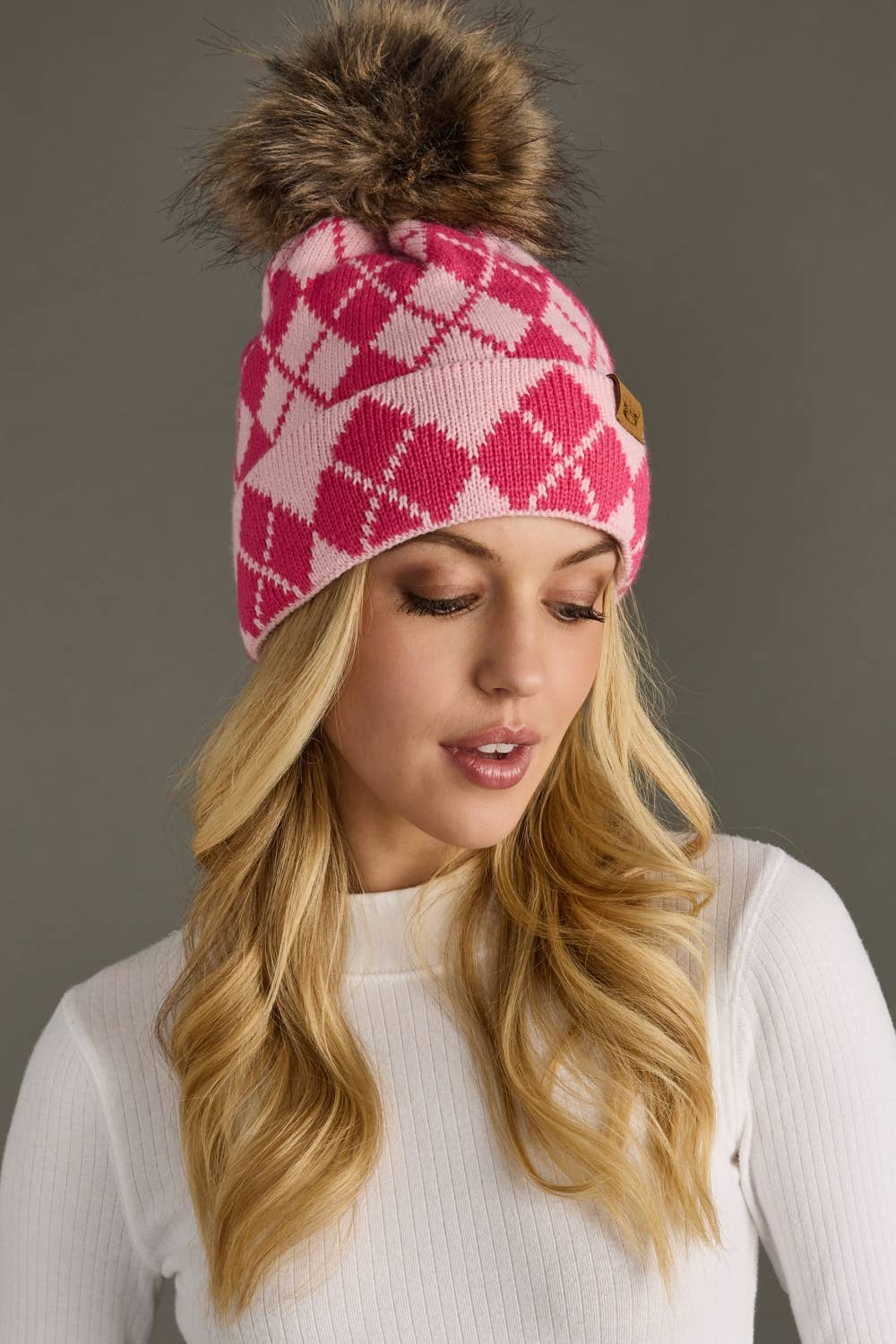 Bav Pink & Blush Argyle Pattern Pom Hat