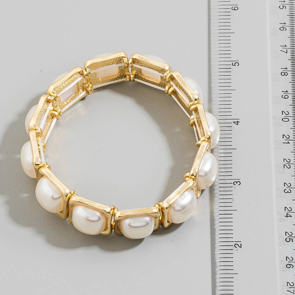 Rhonda Gold Square Link Pearl Stretch Bracelet