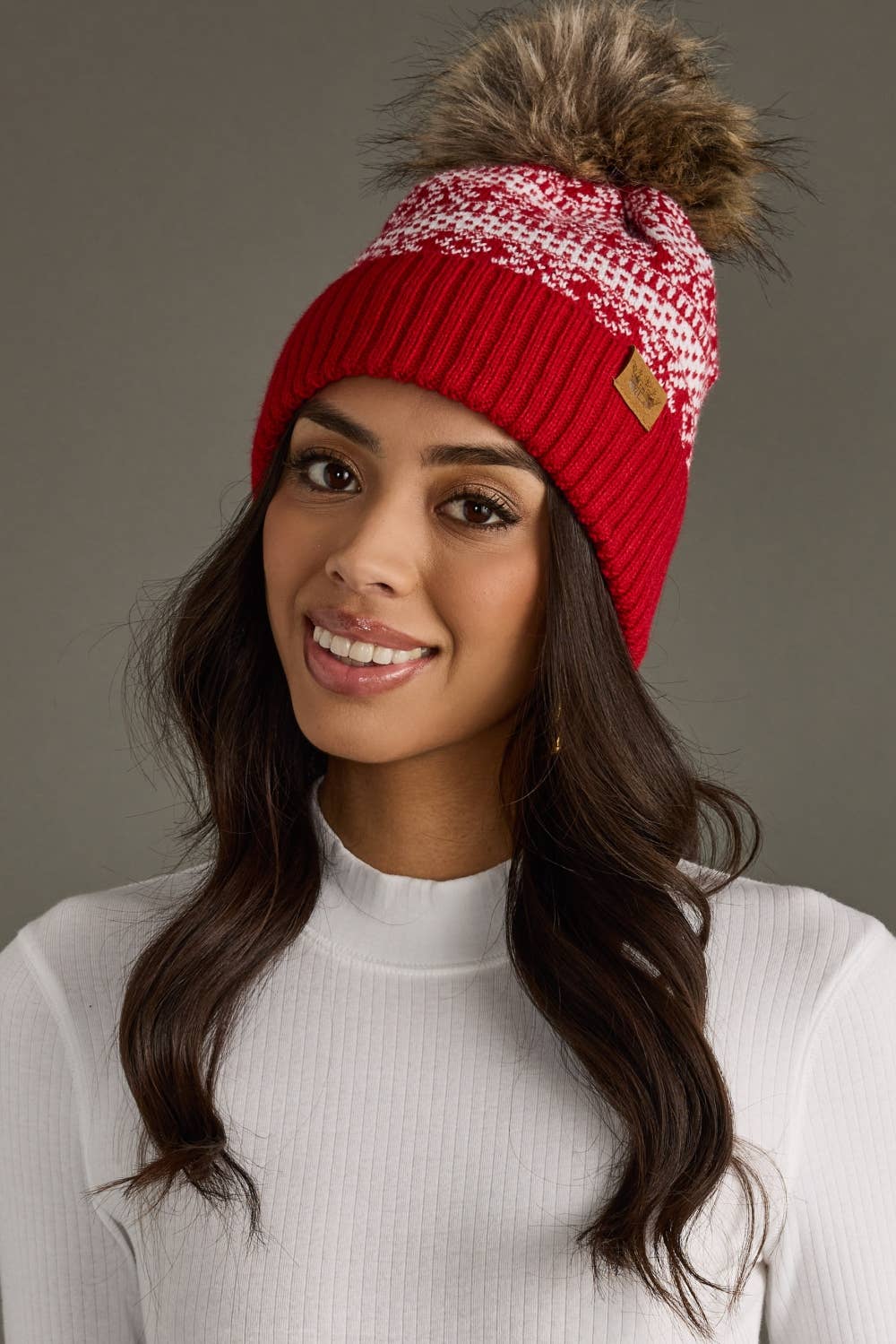 Lora Red & White Winter Pattern Pom Hat