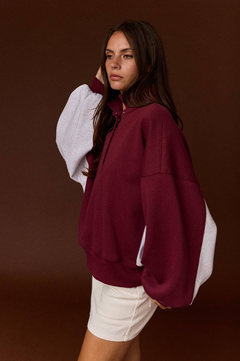 Amy Collar Half-Snap Contrast Sleeve Sweatshirt