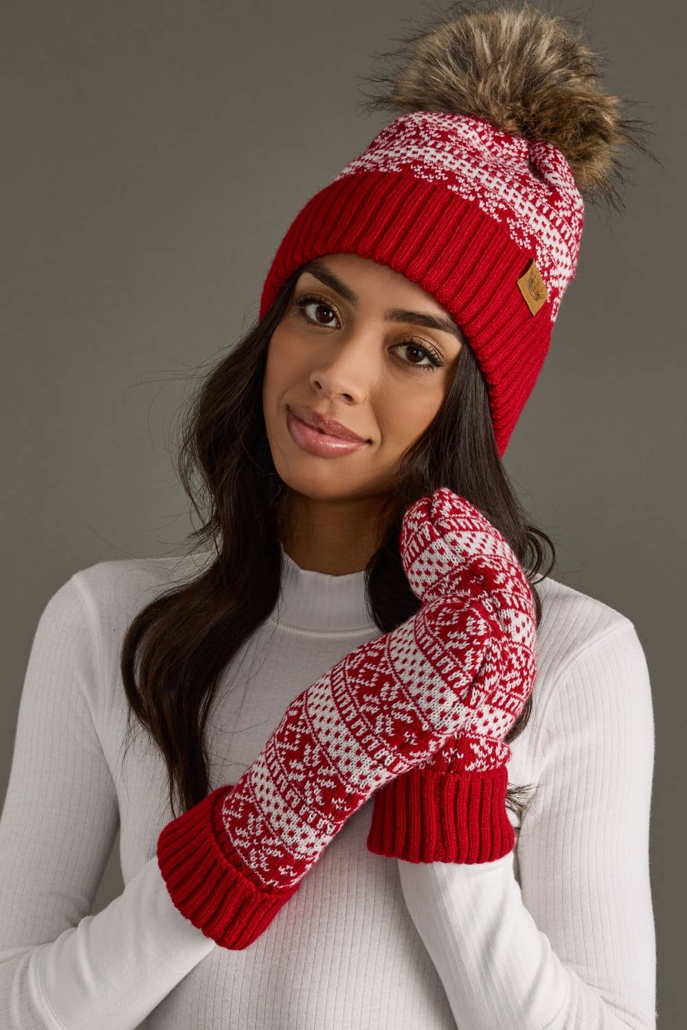 Lora Red & White Winter Pattern Pom Hat