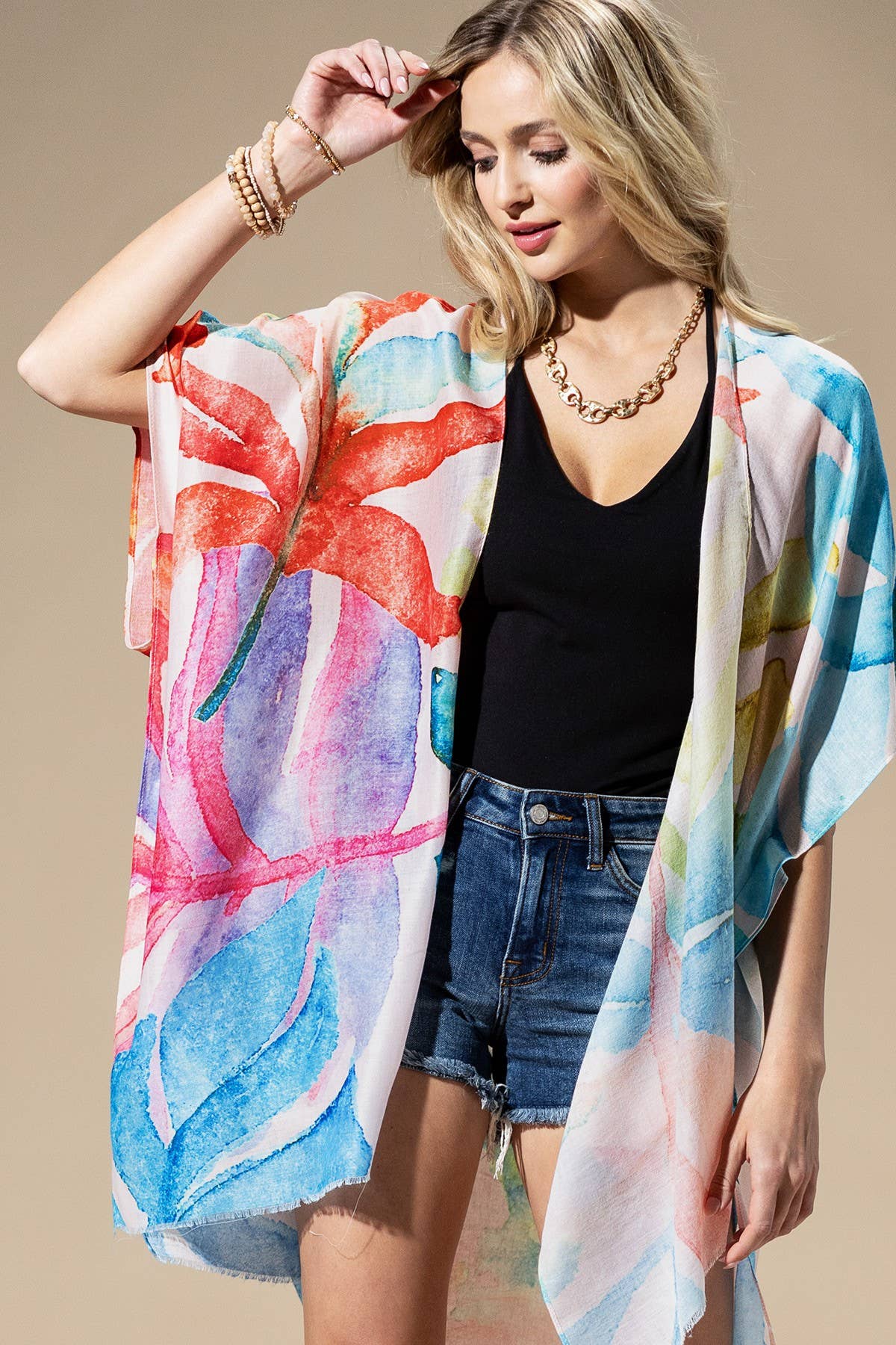 Hillary Watercolor Leaves Print Kimono