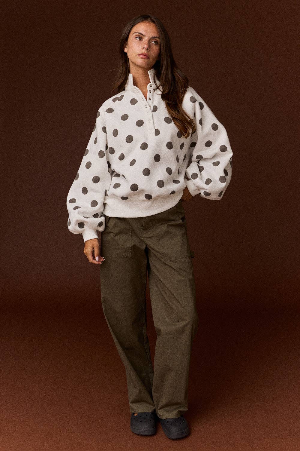 Ariella Collar Half-Snap Button Polka Dot Sweatshirt