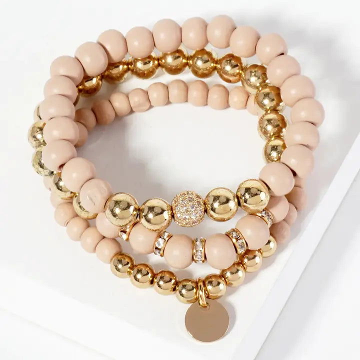 Yia Set Of 3 Wood And Metallic Bead Stackable Stretch Bracelet