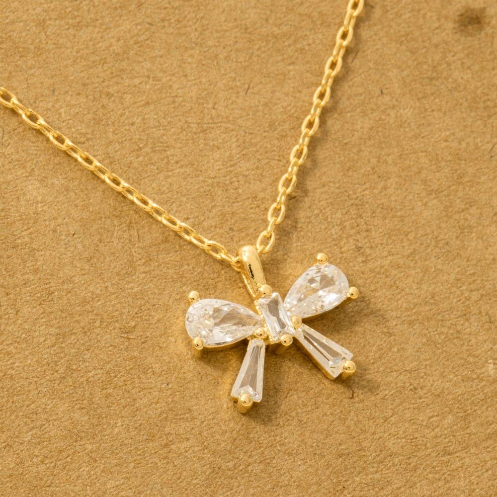 Mar Rhinestone Ribbon Bow Pendant Necklace
