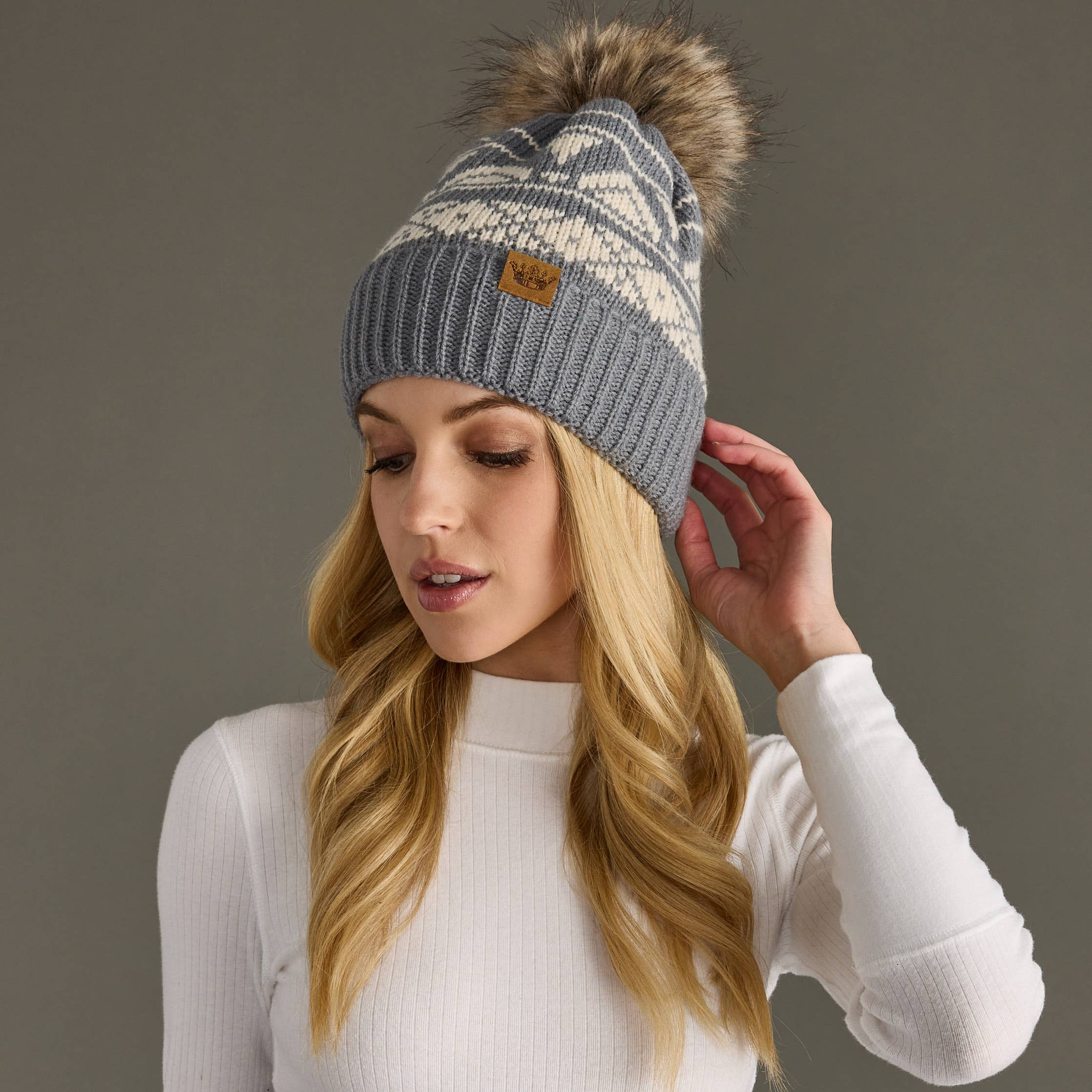 Lilly Gray & Cream Patterned Pom Hat