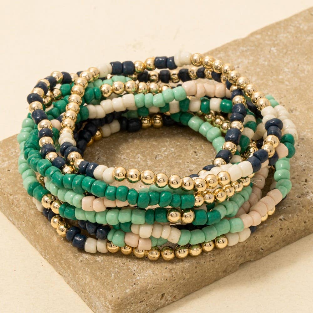 Avery Mixed Mint And Blue Tones Seed Beaded Bracelet Set