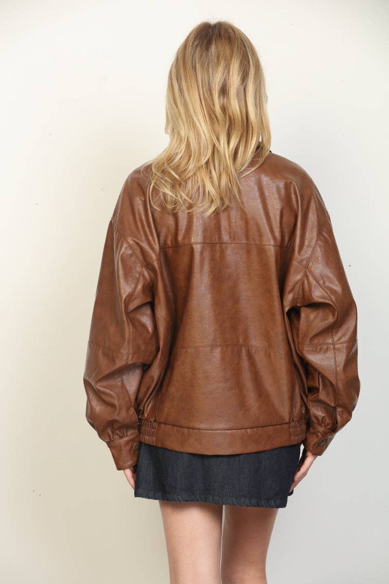 Mia Textured Faux Leather Oversized Bomber