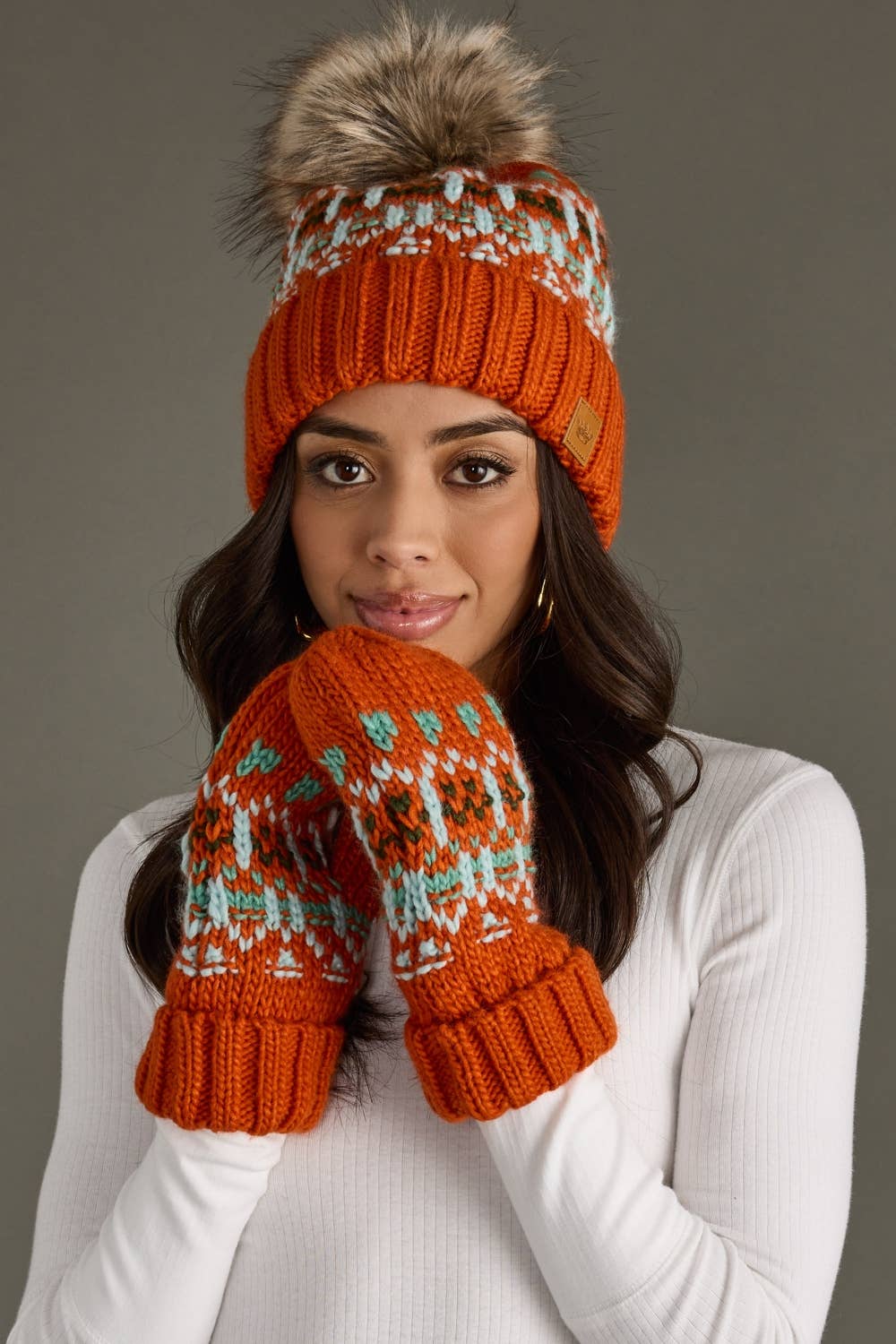 Libby Orange, Lt. Blue, Mint & Olive Patterned Pom Hat