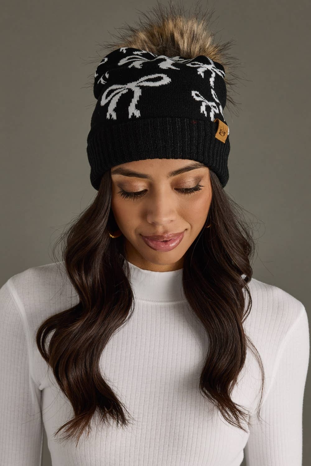 Waverly Black & White Bow Pom Hat