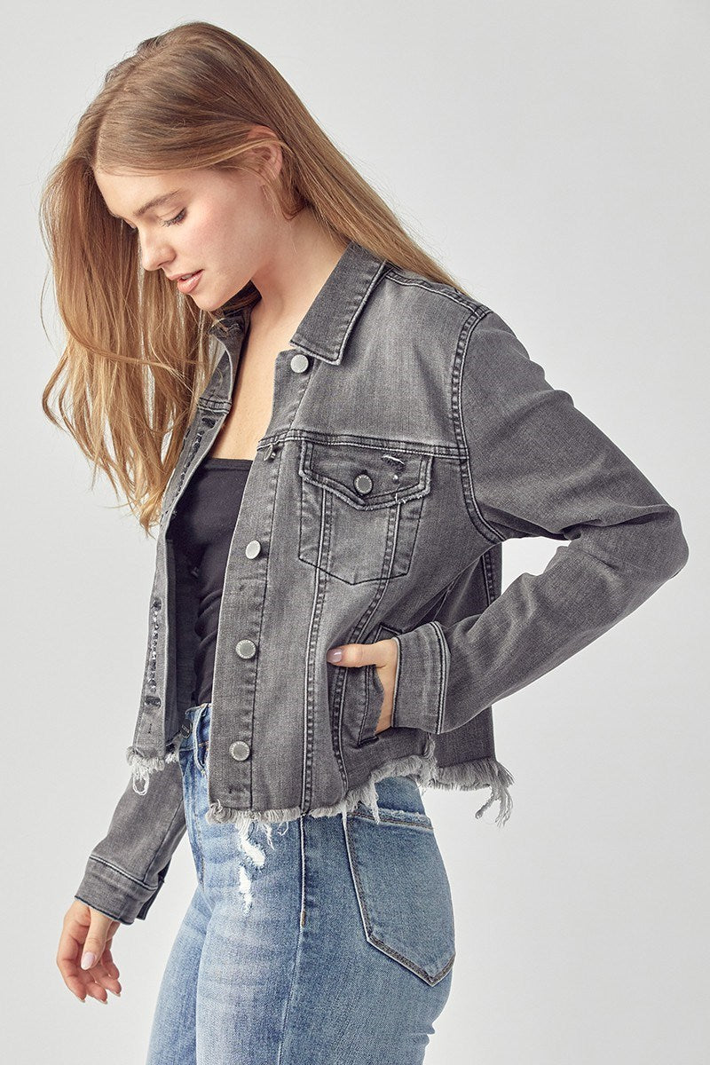 RISEN Frayed Hem Wash Denim Jacket