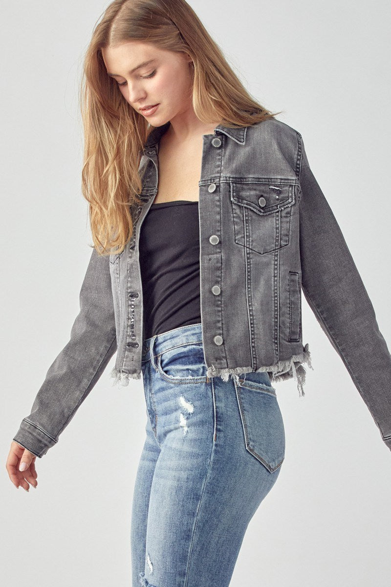 RISEN Frayed Hem Wash Denim Jacket