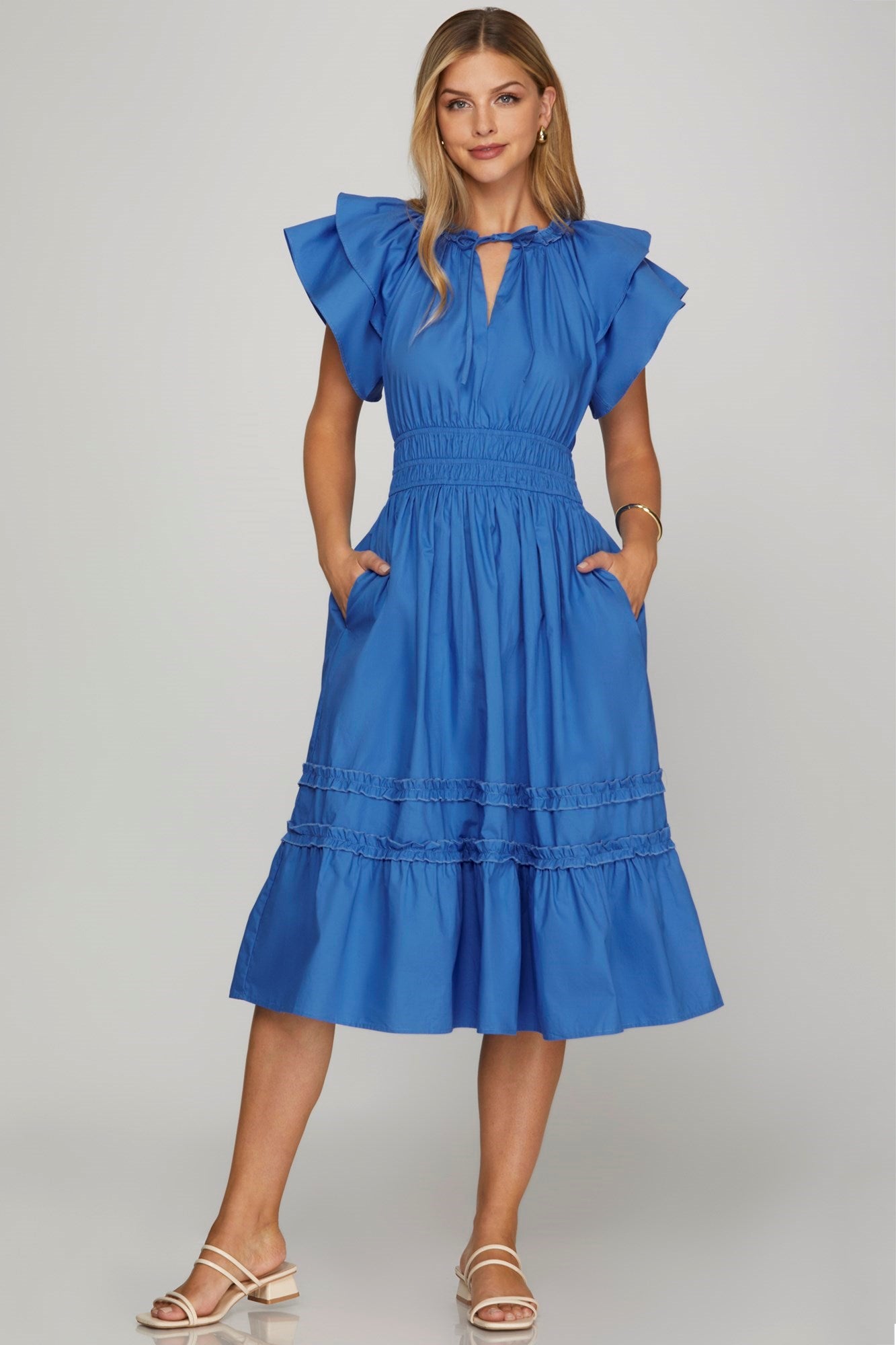 Mona Flutter Midi Blue Dress