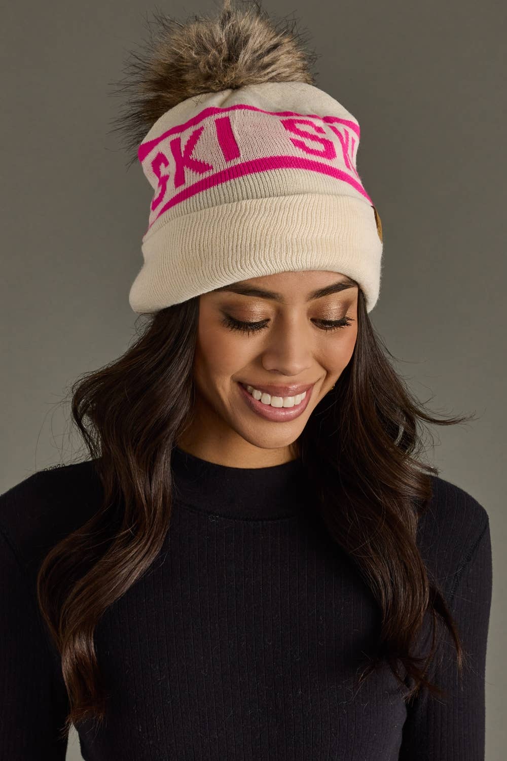 Bea Beige & Pink Ski Pom Hat