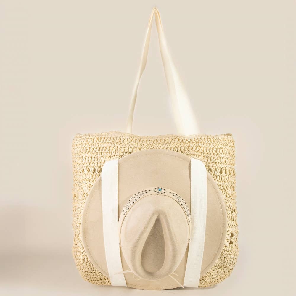 Bristle Large Straw Braided Tote Bag With Hat Holder