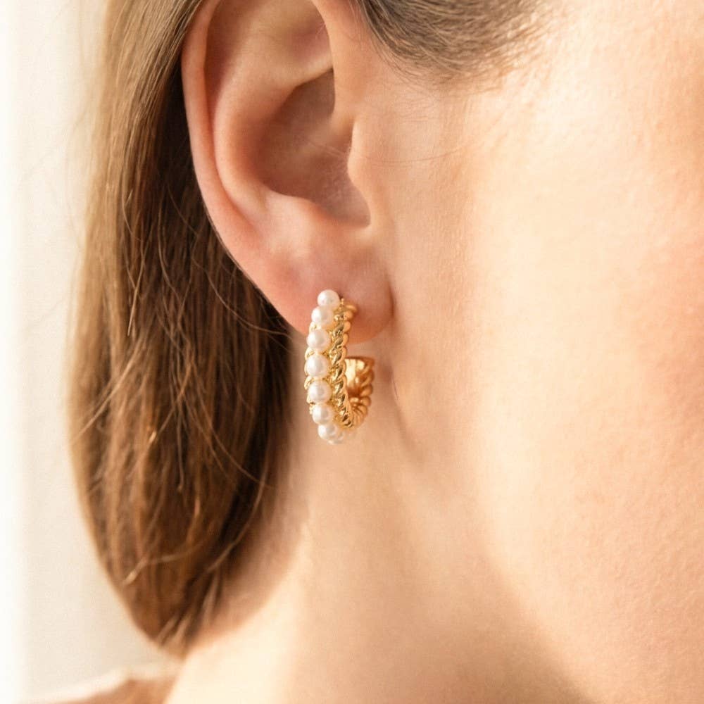 Pearl Fringe Twisted Gold Hoop Earrings