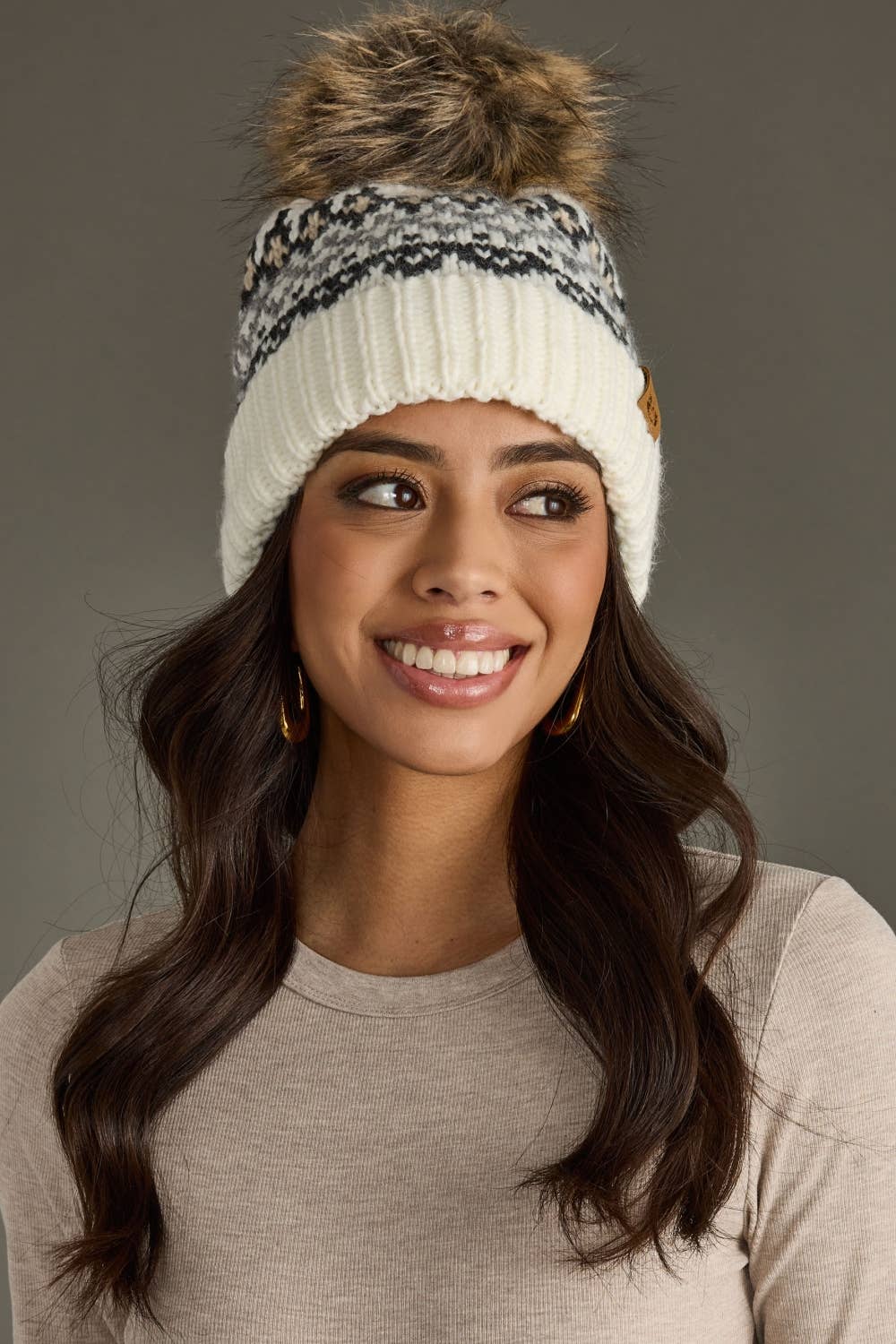 Wirly Ivory, Gray & Tan Winter Pattern Pom Hat