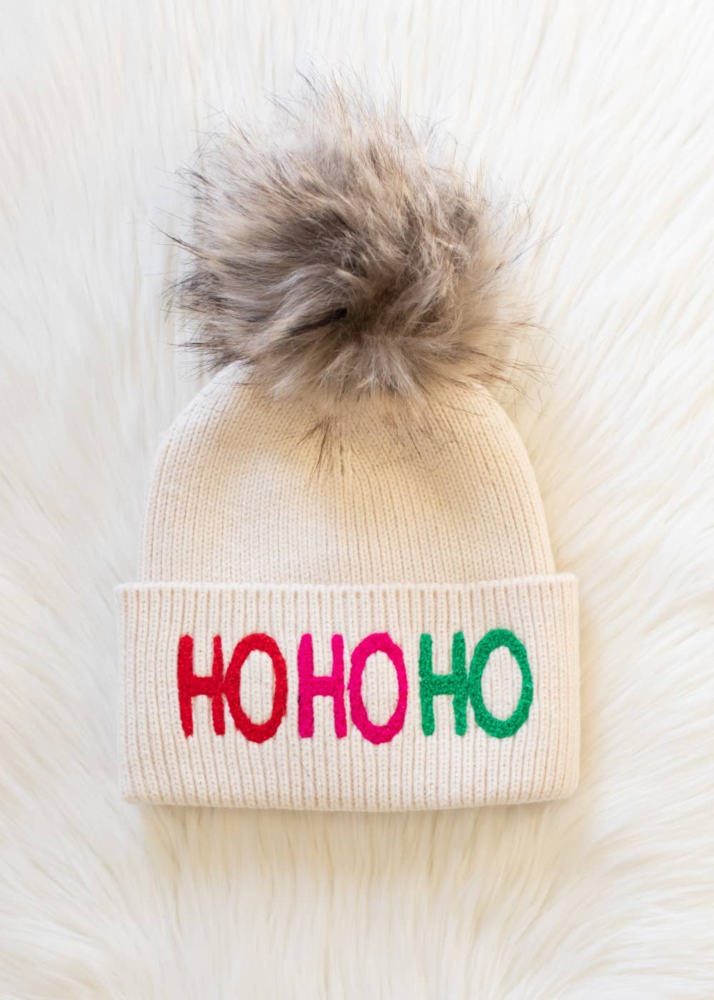 Lenny Beige Ho Ho Ho Knit Pom Hat