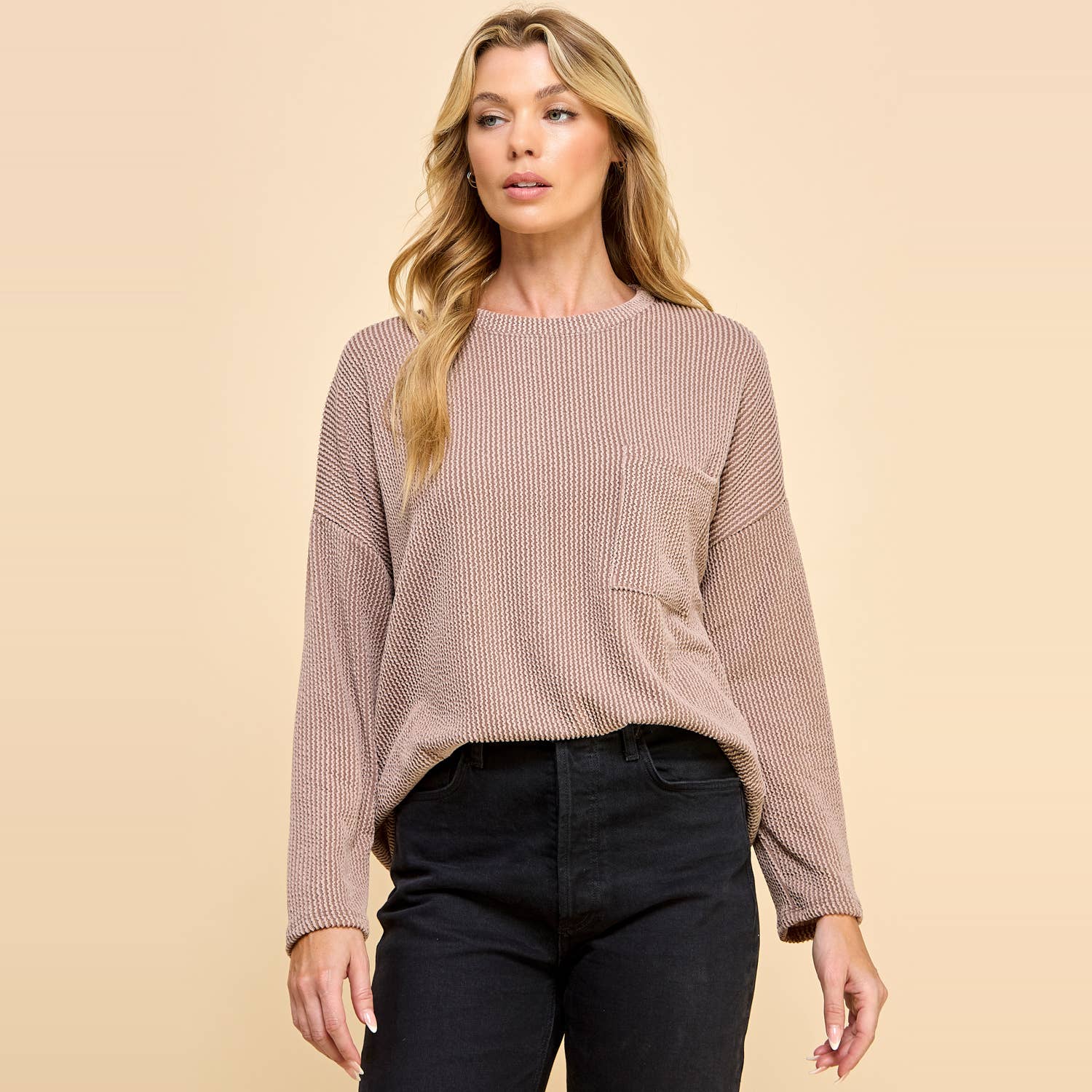 Sofia Ribbed Long Sleeve Pocket Top -Acorn PREORDER