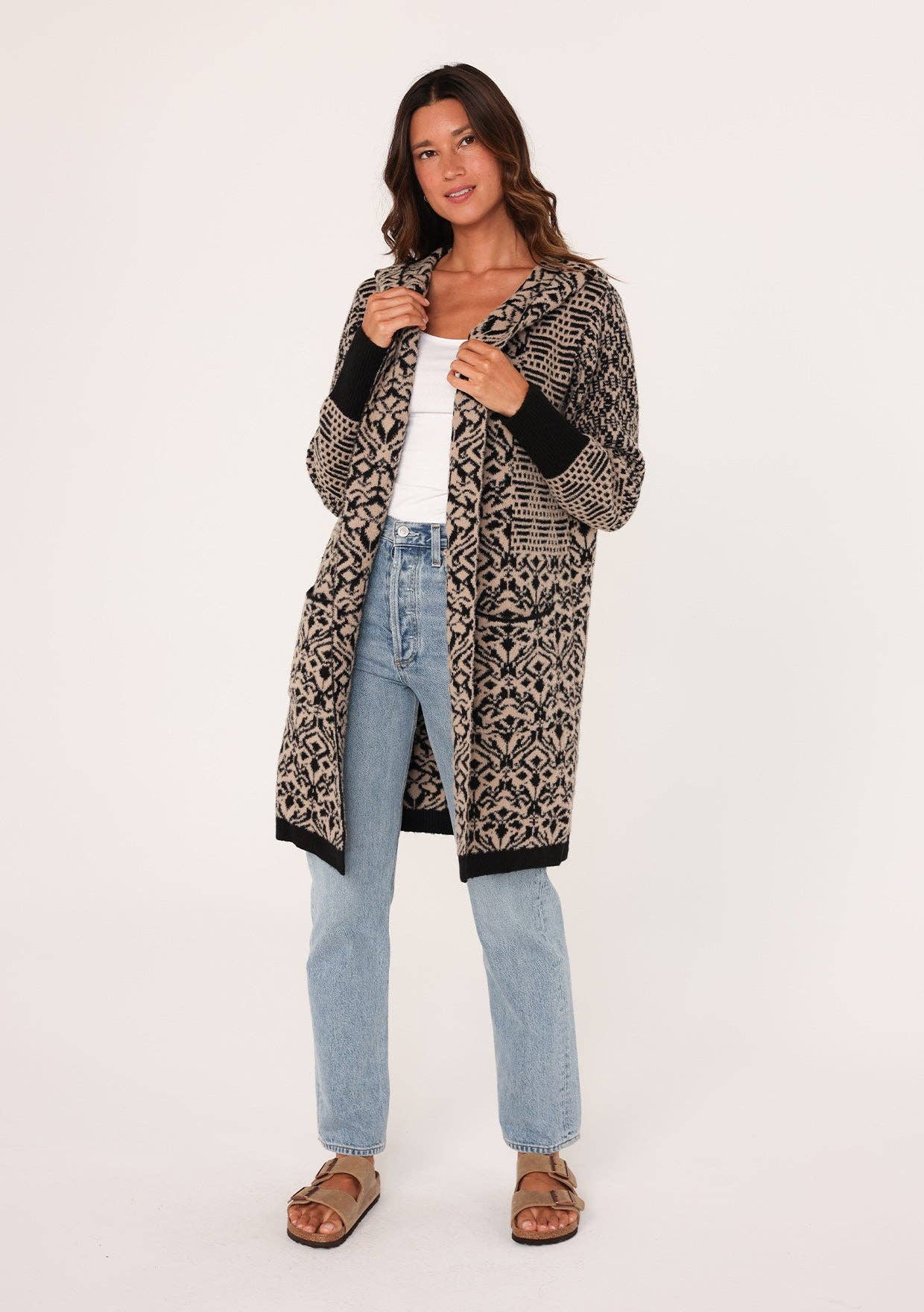 Forna Patchwork Jacquard Open Front Hoodie Cardigan PREORDER