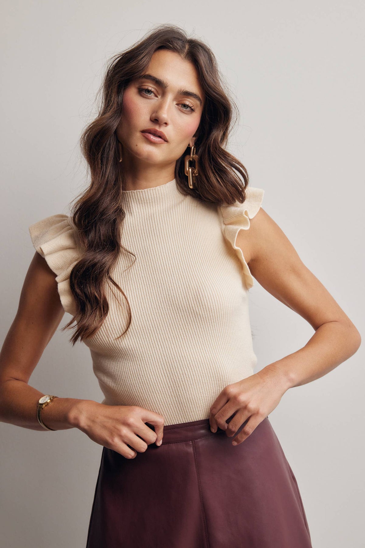 Ollana Ruffle Sleeve Rib Knit Top