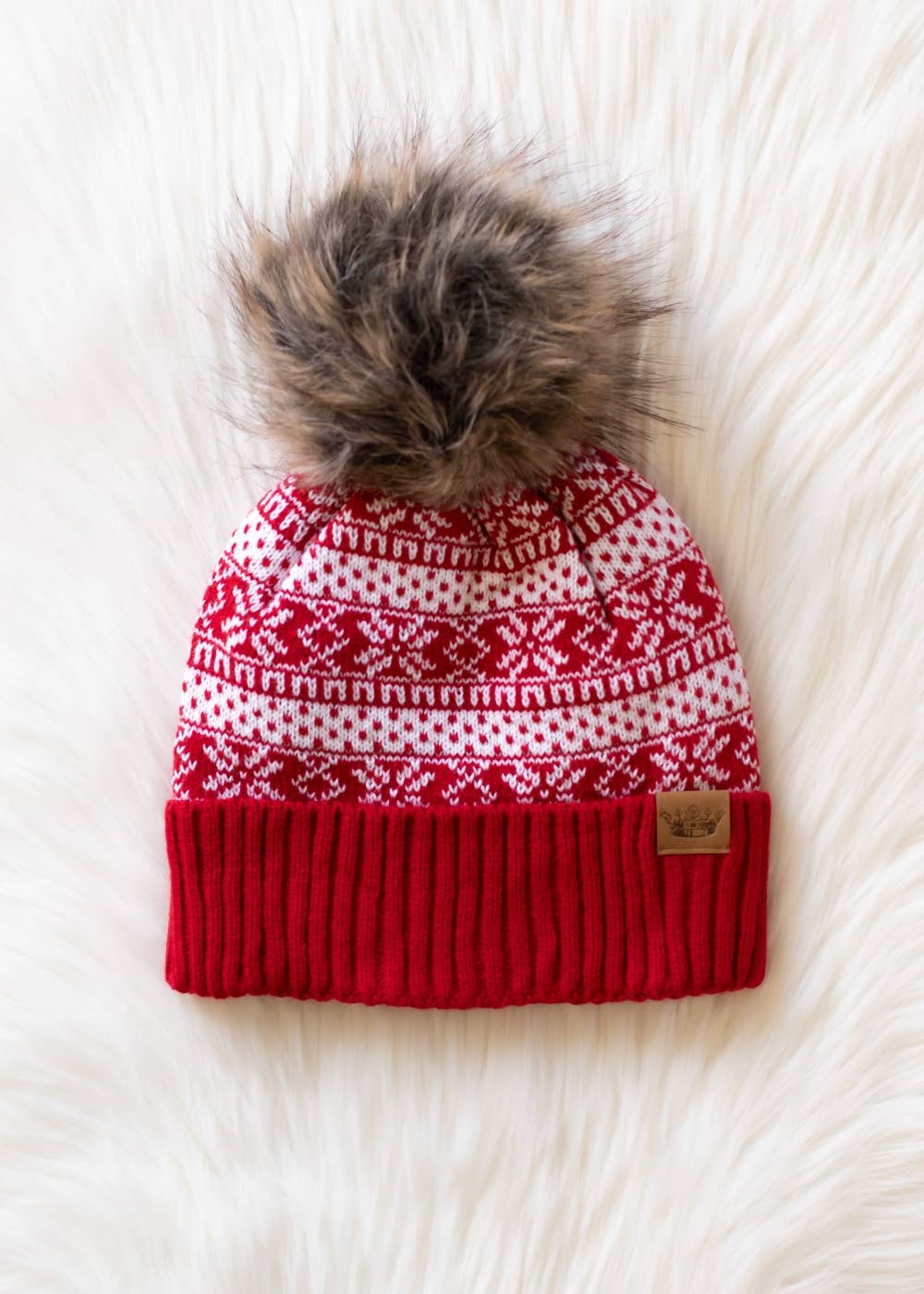Lora Red & White Winter Pattern Pom Hat