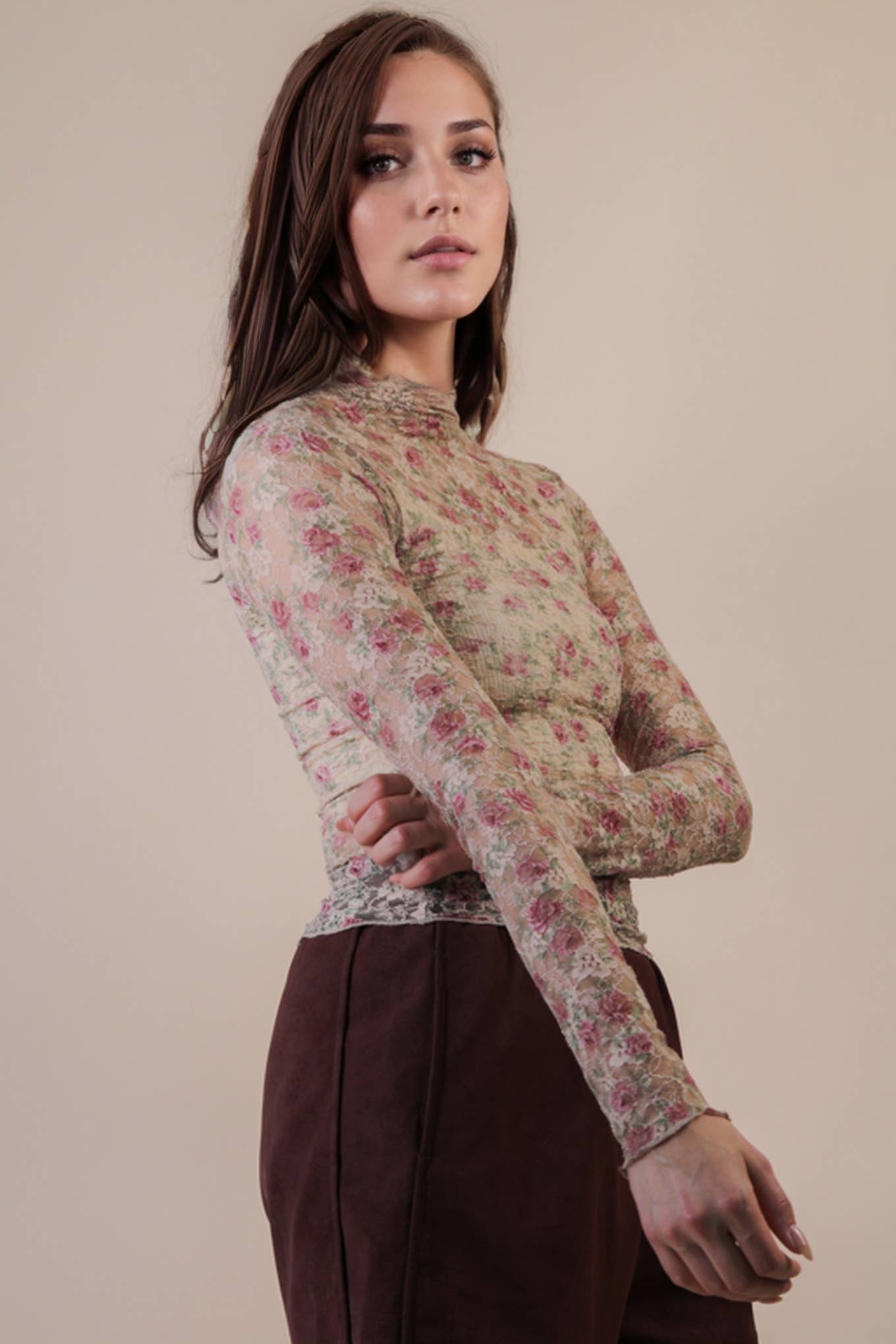 Kole Fitted Sheer Mesh Lace Knit Top