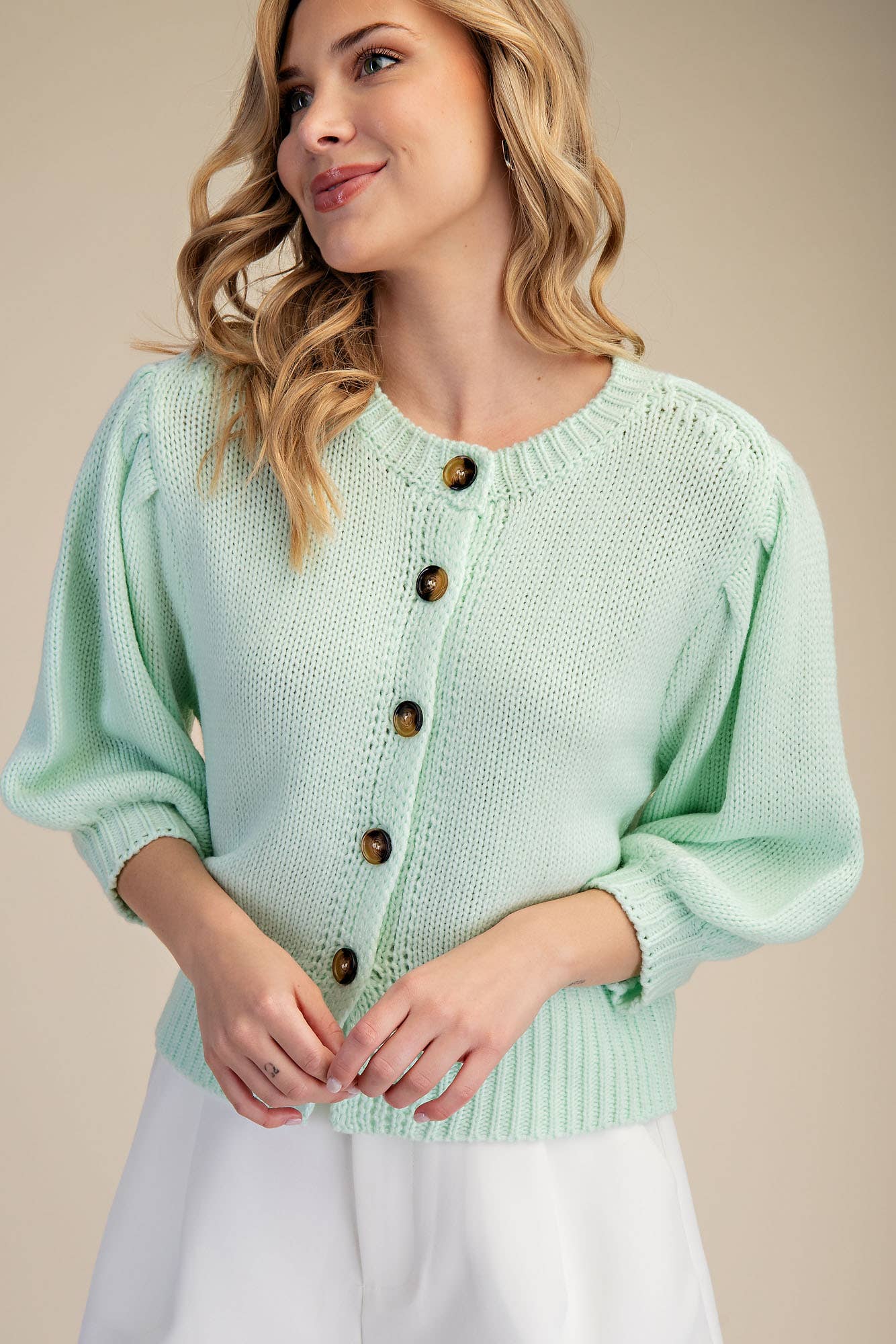 Mary Short Puff Sleeve Button Down Sweater