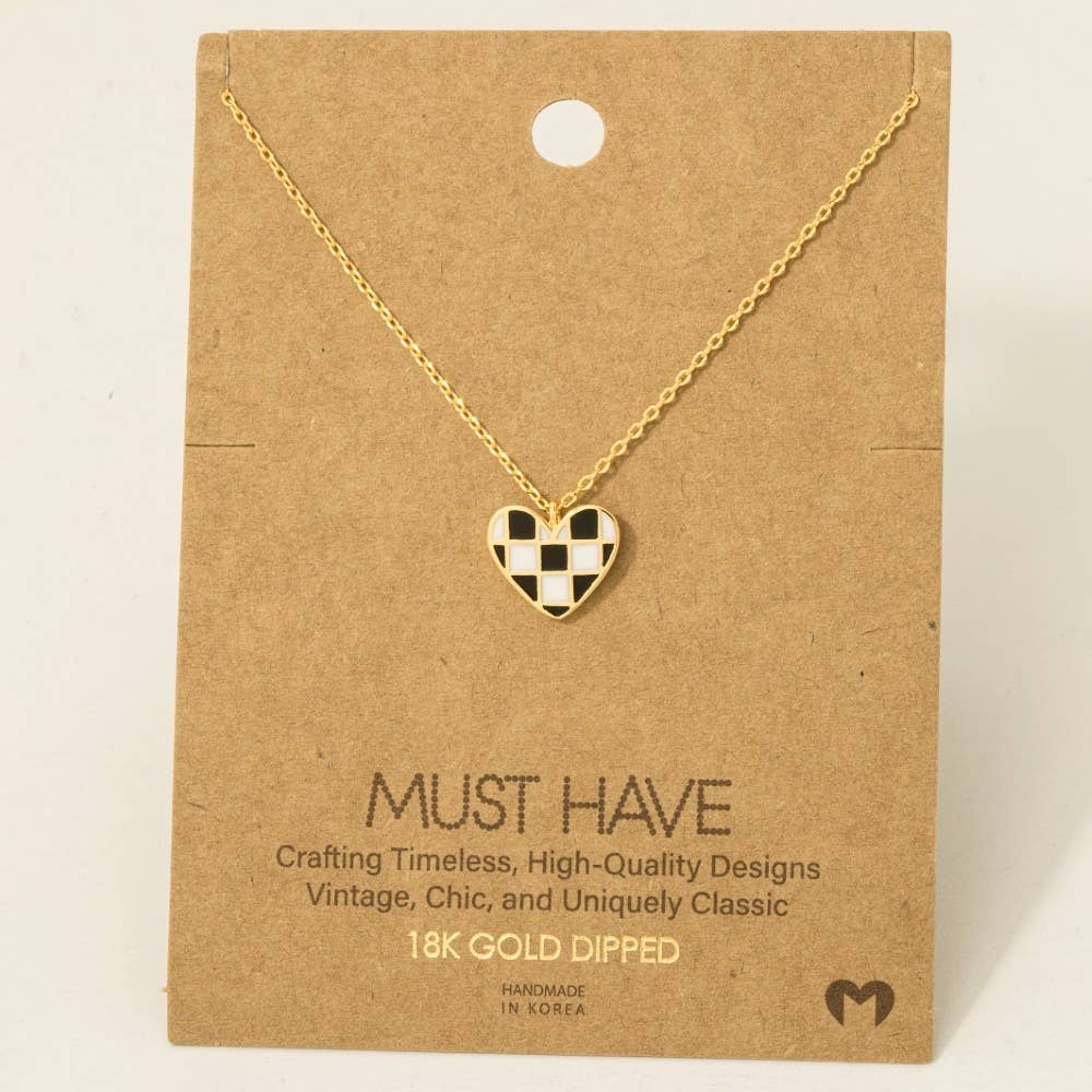 Appri Gold Dipped Epoxy Checkered Heart Pendant Necklace