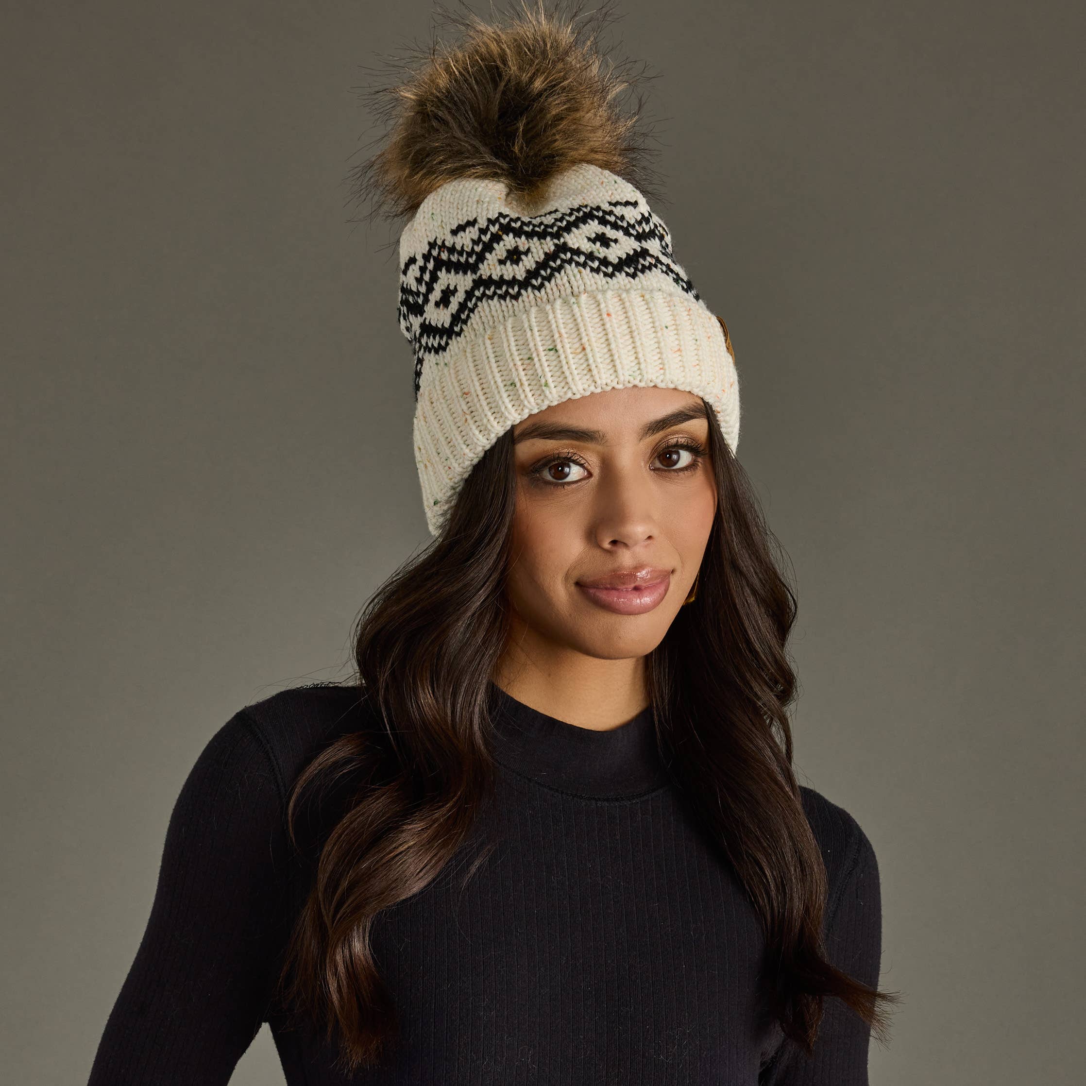 Ware Cream & Speckled Pattern Pom Hat