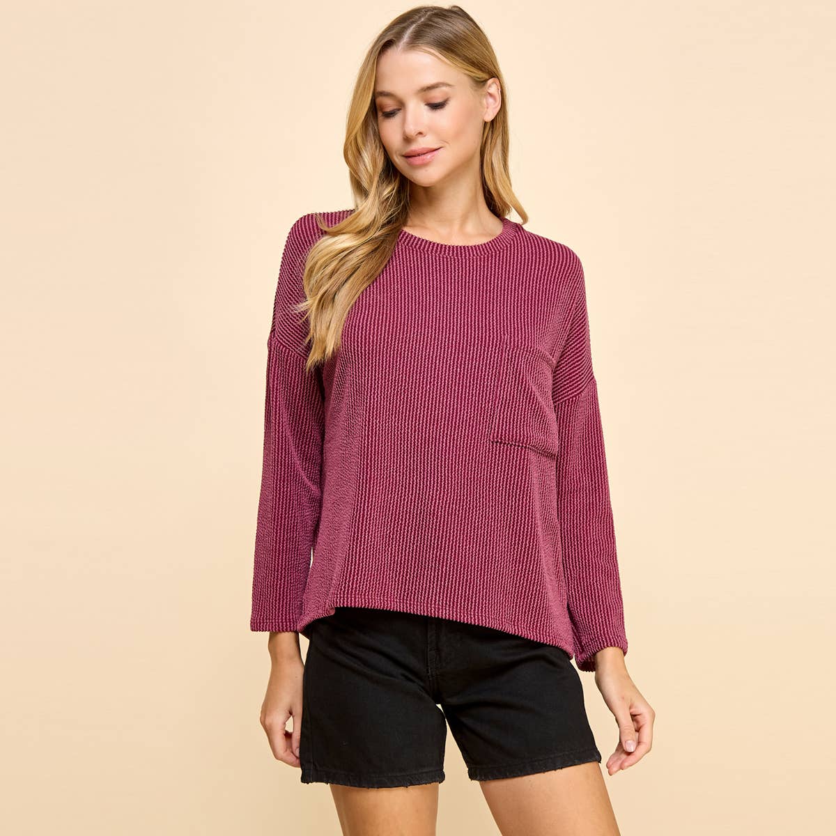 Sofia Ribbed Long Sleeve Pocket Top -Dark Wine PREORDER