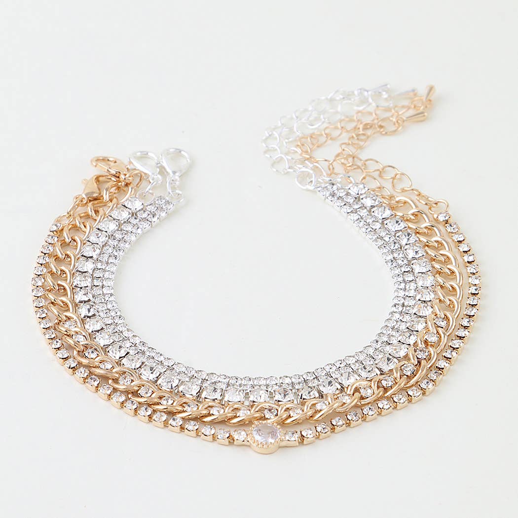 Via Two Tone Mixed Rhinestone & Chain Stacking Bracelet Set