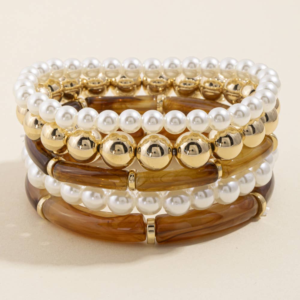 Stephanie Pearl And Bamboo Bead Stretch Bracelet Set