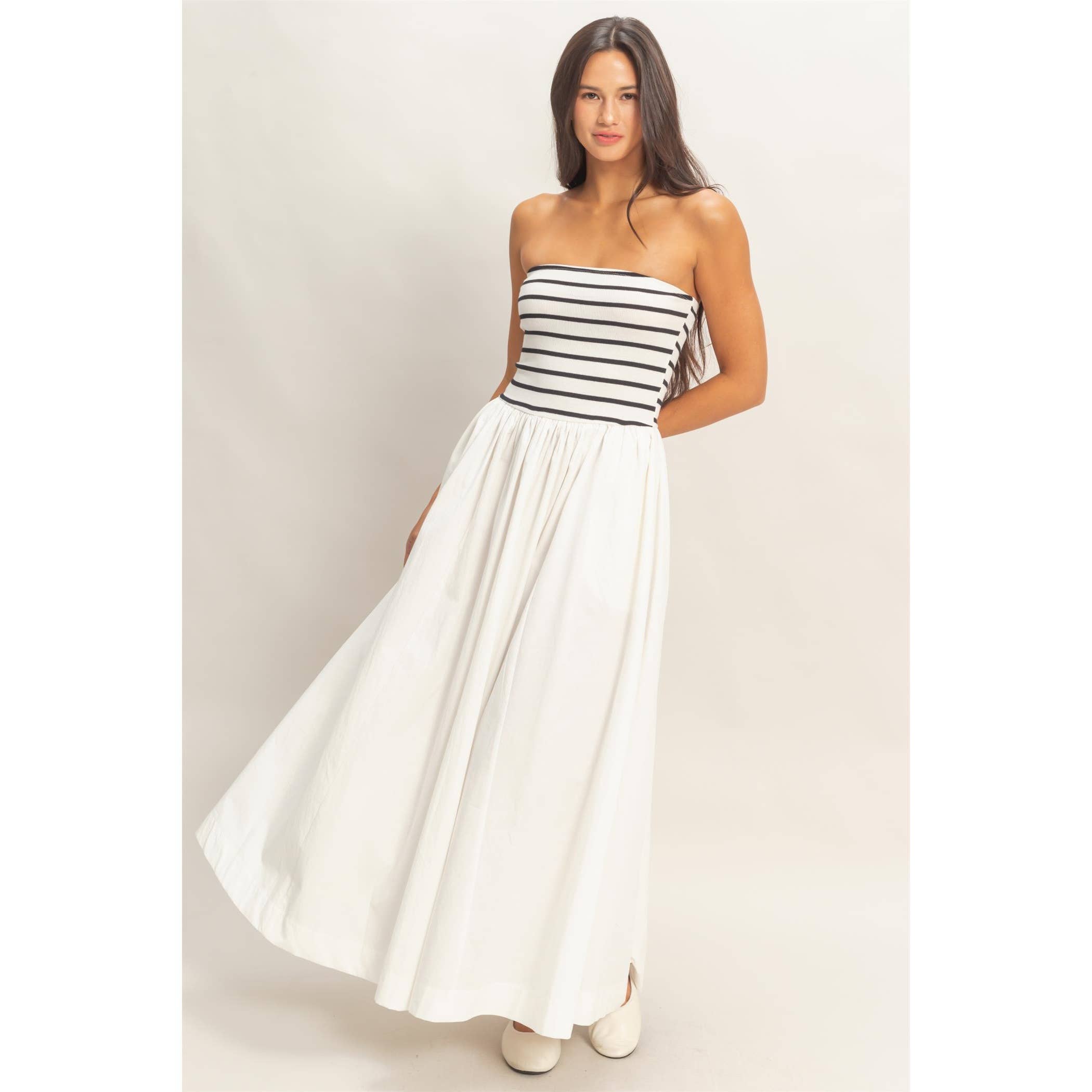 Striped Strapless Flowy Midi Dress