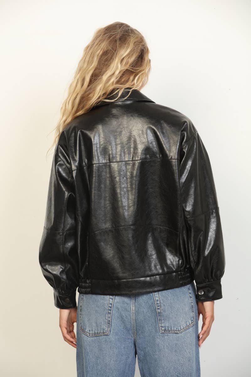 Mia Textured Faux Leather Oversized Bomber