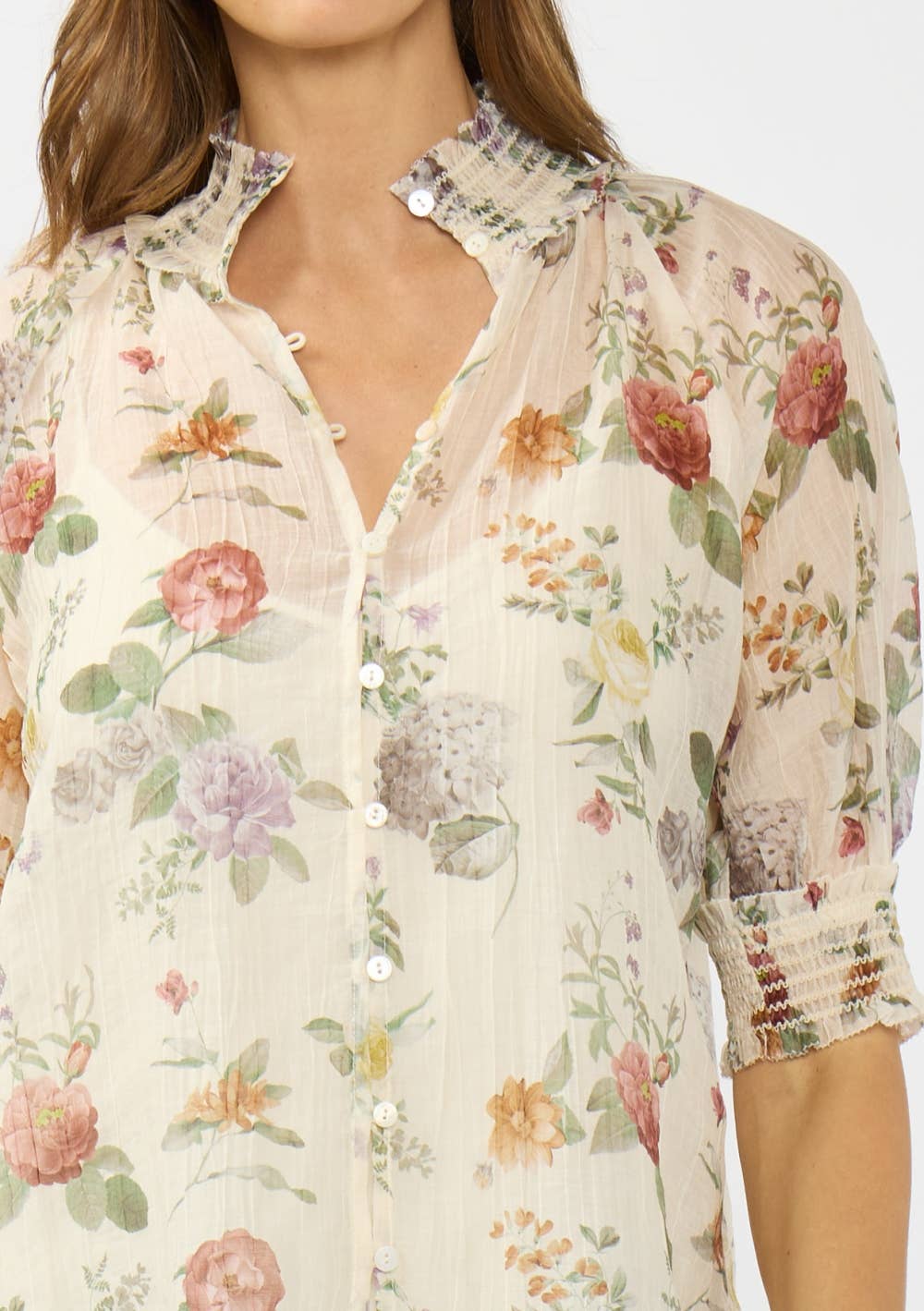 Farly Puff Sleeve Smocked Neck Button Down Top PREORDER