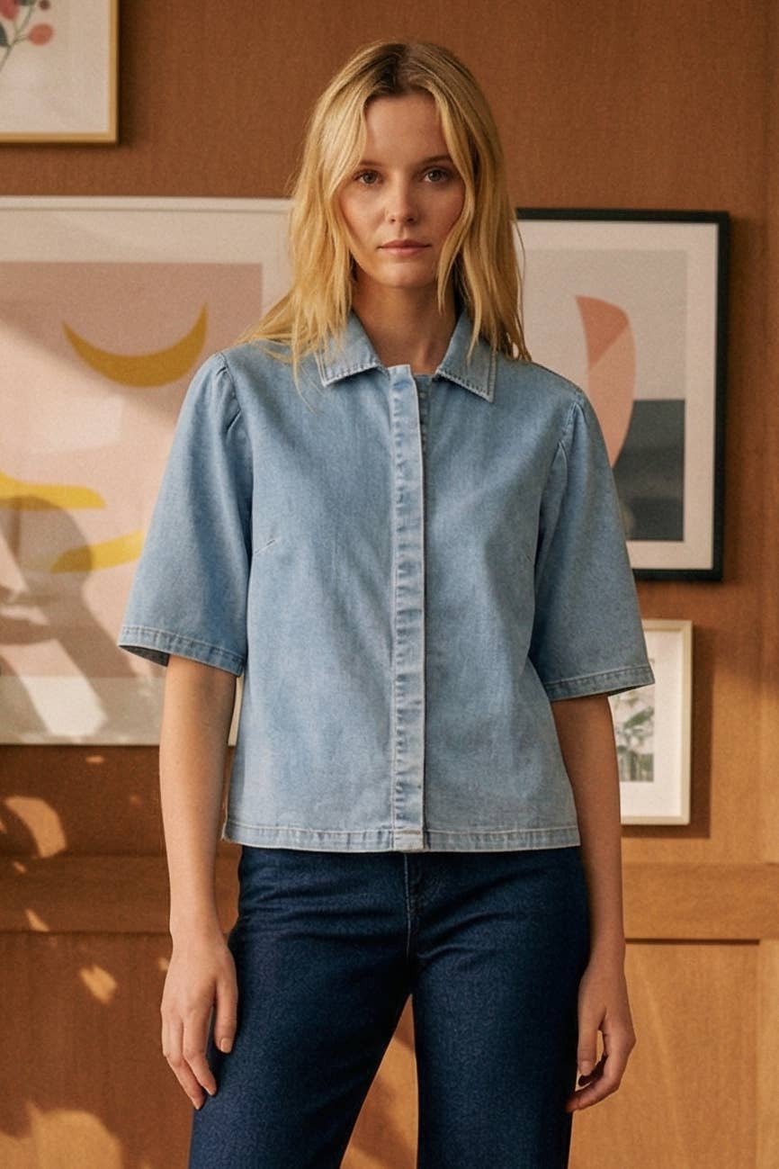 Omen Short Sleeve Collared Denim Shirt