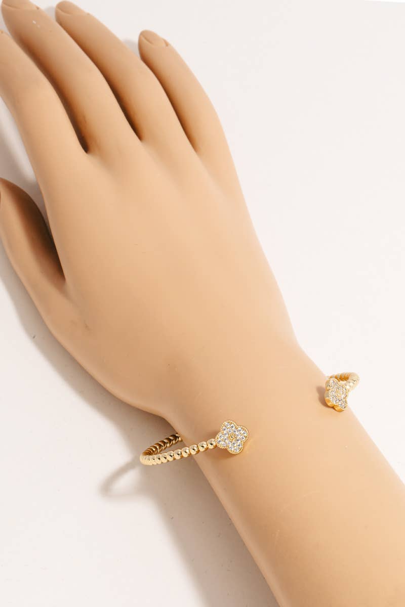 Seller Double Cz Pave Clovers Solid Ball Bead Cuff Bracelet