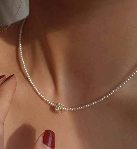 Cere Pearl Spherical Encrusted Rhinestone Charm Necklace