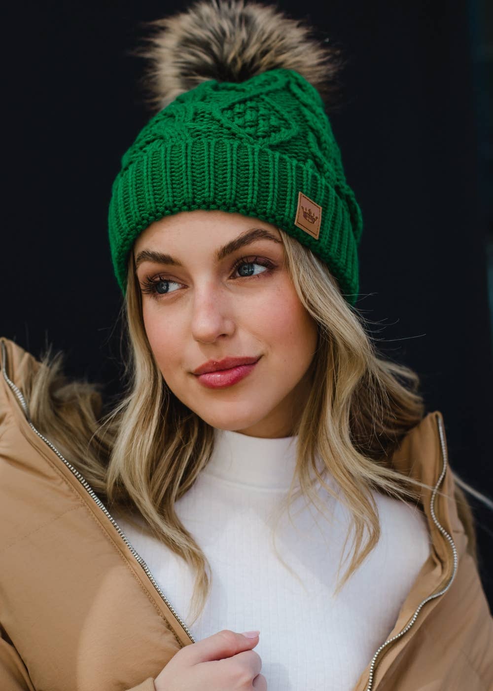 Luxi Classic Green Cable Knit Pom Hat