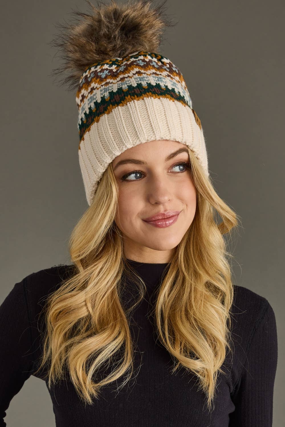 Liv Cream & Multicolored Patterned Pom Hat