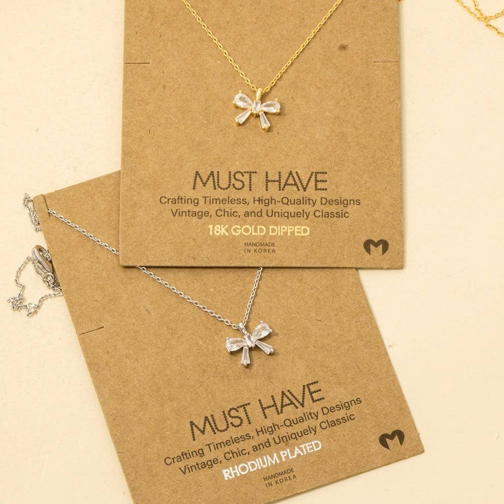 Mar Rhinestone Ribbon Bow Pendant Necklace
