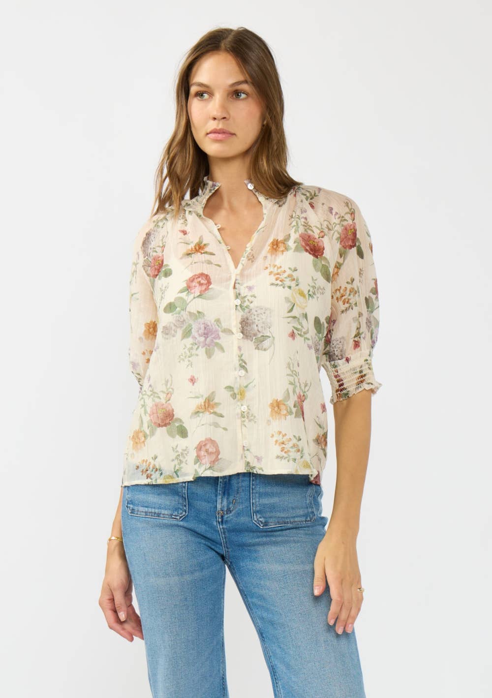 Farly Puff Sleeve Smocked Neck Button Down Top PREORDER