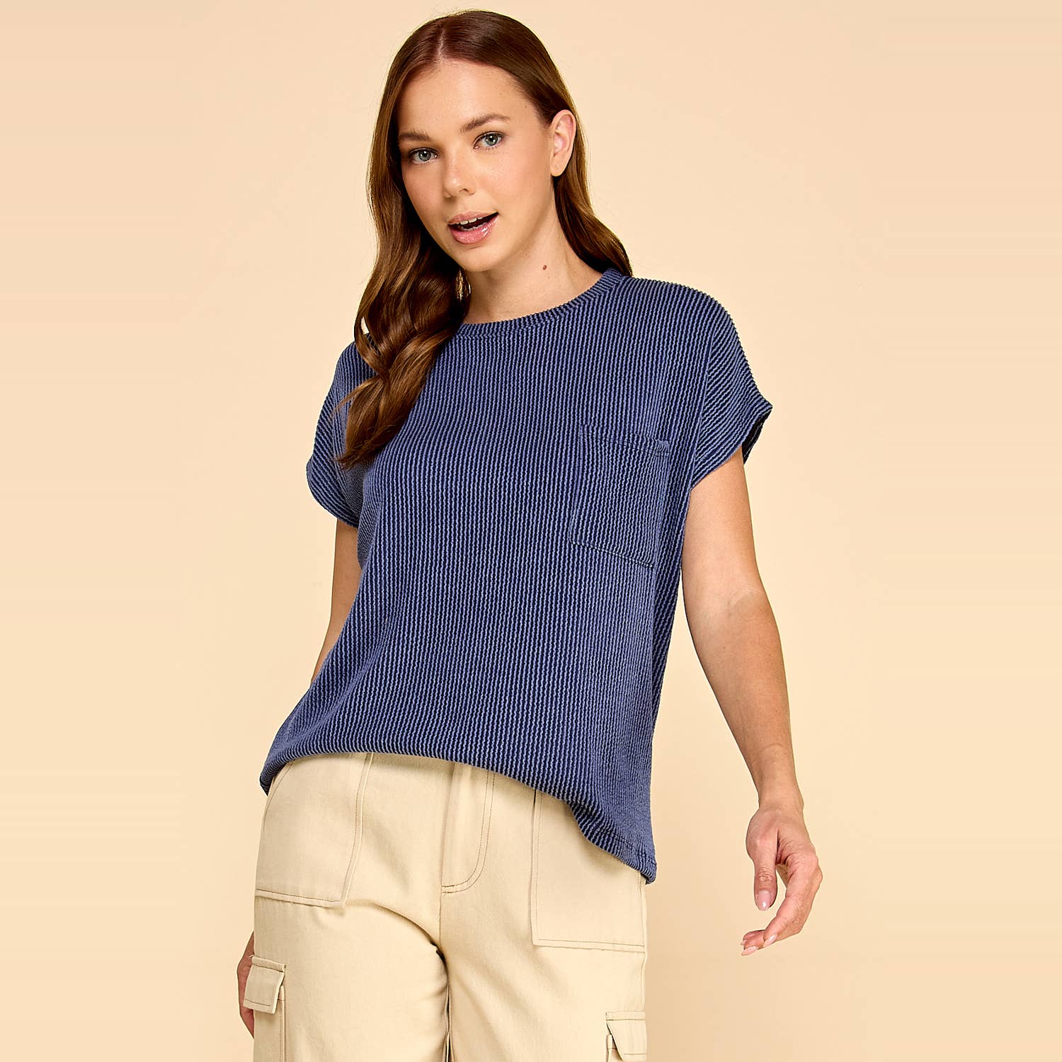 Stefanie Solid Ribbed Pocket Top -Navy PREORDER