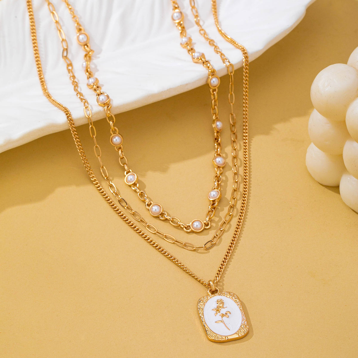 Chloe Layered Enamel Pearl & Rose Tag Pendant Necklace