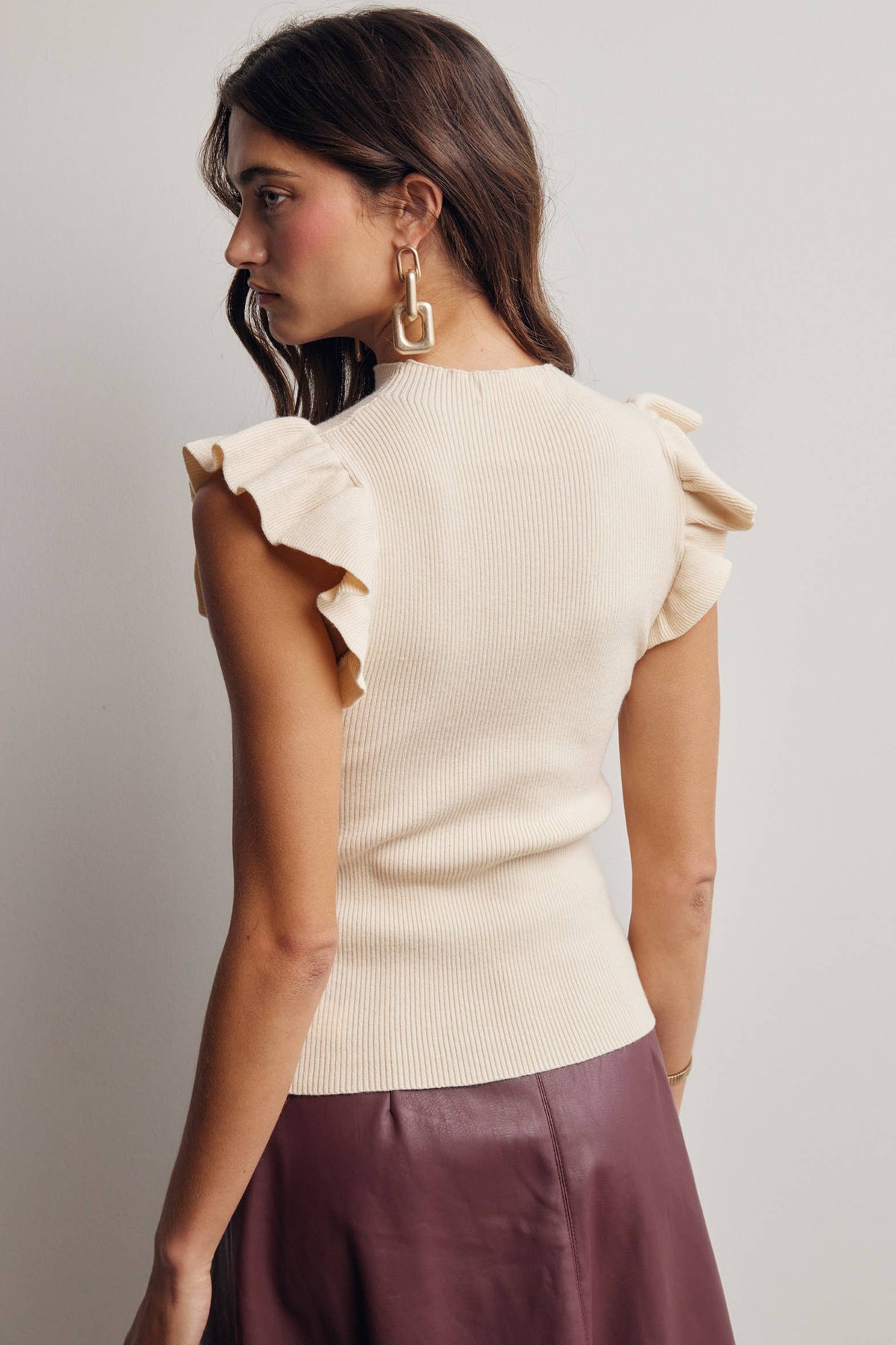 Ollana Ruffle Sleeve Rib Knit Top