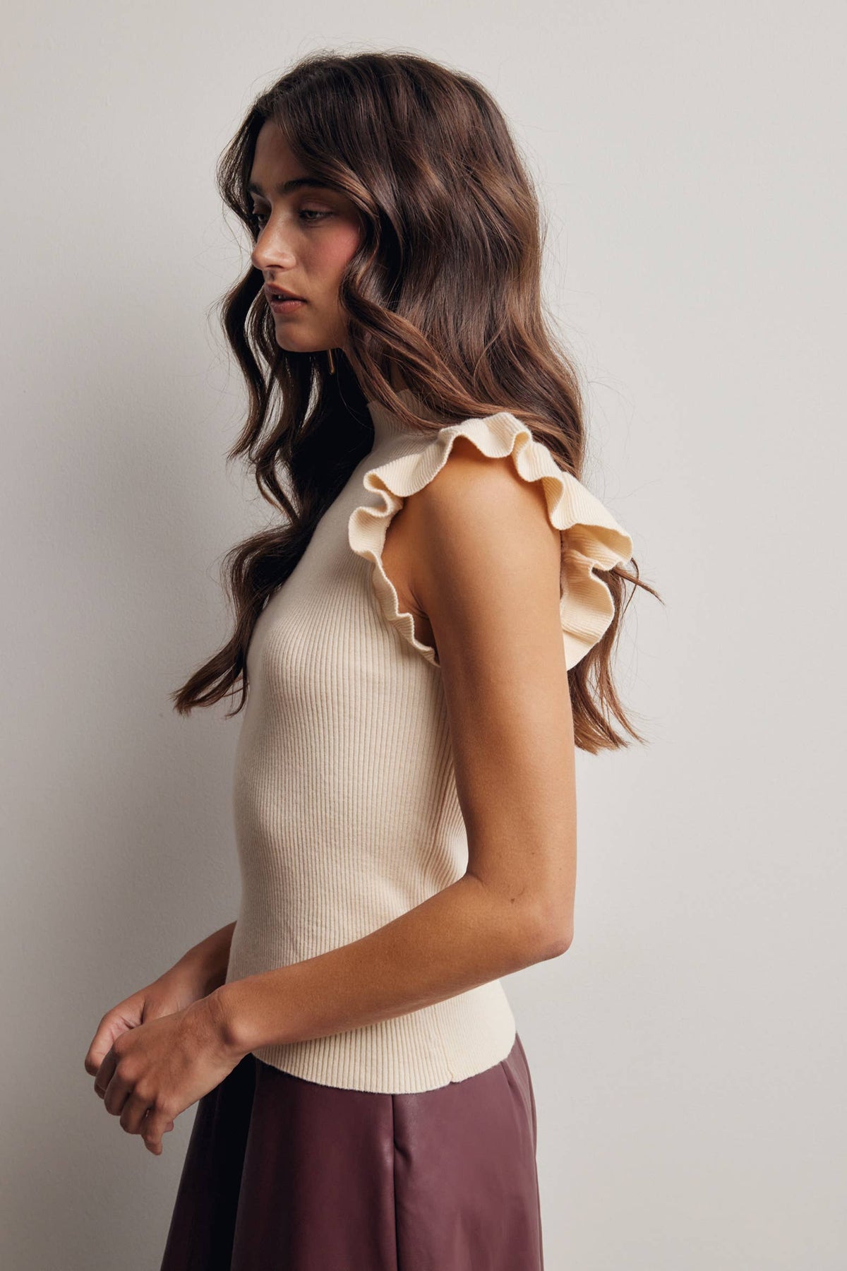 Ollana Ruffle Sleeve Rib Knit Top