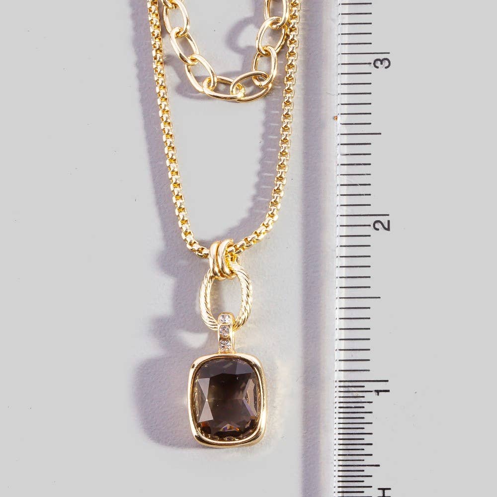Rufus Double Layered Chain Crystal Square Pendant Necklace