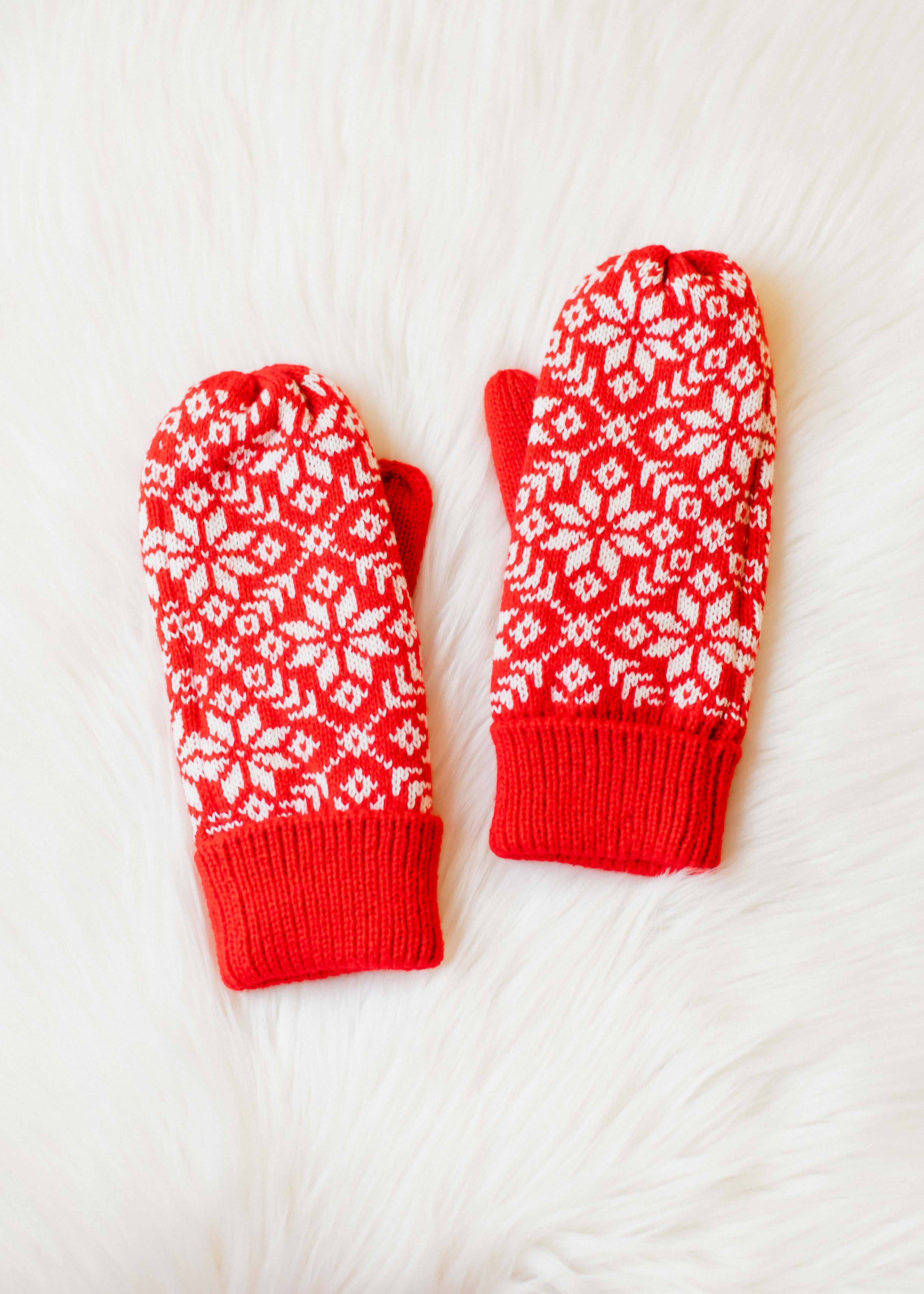 Remi Red & White Snowflake Knit Mittens